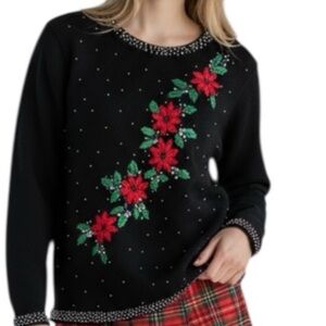 B.P. Design Vintage Christmas Sweater M Black Poinsettia Beaded Pearls Holly